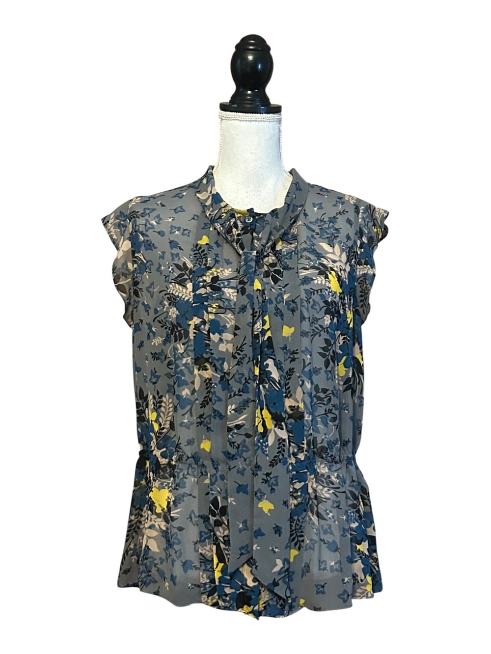 LOFT Sheer Floral Tie Neck Peplum Button Down Top SZ Large in Grey Blue